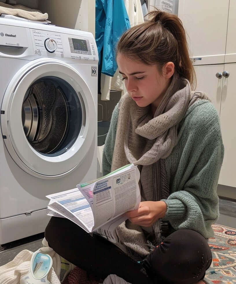 Woman reading laundry care instructions while sitting next to a washing machine in a laundry room